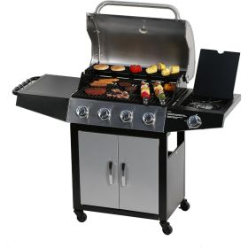 Gas Grill, BBQ 4-Burner Cabinet Style Grill Propane with Side Burner, Stainless Steel