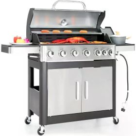 6-Burner Propane Gas BBQ Grill With Side Burner & Porcelain-Enameled Cast Iron Grate for Outdoor Kitchen & Backyard Barbecue