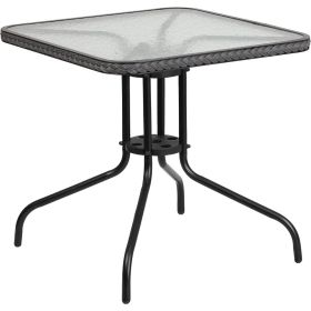 Barker 28'' Square Tempered Glass Metal Table with Gray Rattan Edging 28"D x 28"W x 28"H Used for picnics, parties, gardens