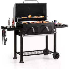 Large Charcoal BBQ Grills, Outdoor Barbecue Grill with Dual-Zone Individual & Adjustable Charcoal Tray and 2 Foldable Side Table