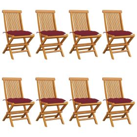 Patio Chairs with Wine Red Cushions 8 pcs Solid Teak Wood