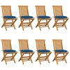 Patio Chairs with Blue Cushions 8 pcs Solid Teak Wood