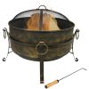 Outdoor Camping or Backyard Round Cauldron Fire Pit with Spark Screen; Log Poker; and Metal Wood Grate - 24"