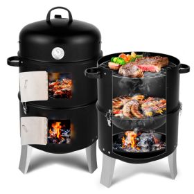 Vertical Steel Charcoal Smoker, Heavy Duty Double Layer Round BBQ Grill for Outdoor Cooking, Black