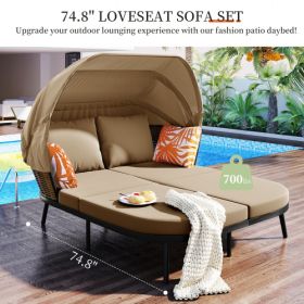 TOPMAX 74.8" L Patio Daybed with Retractable Canopy, Outdoor Rattan PE Wicker Back Loveseat Sofa Set with Throw Pillows and Cushions for Backyard