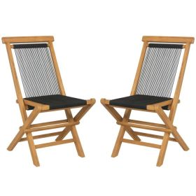 2 Piece Indonesia Teak Patio Folding Chairs with Woven Rope Seat and Back for Porch Backyard Poolside