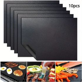 10-Pack Black Non-Stick, Heat-Resistant BBQ Grill Mats (40x33cm), Durable Fiberglass Cooking Sheets, Easy to Clean