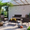 Patio Furniture 4 Pieces Conversation Sets, Outdoor Wicker Rattan Chairs, Garden Loveseat with Soft Cushion and Glass Table