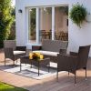 Patio Furniture 4 Pieces Conversation Sets, Outdoor Wicker Rattan Chairs, Garden Loveseat with Soft Cushion and Glass Table