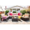 6 Piece Small Patio Furniture Sets,All Weather PE Wicker Rattan Sectional Sofa with Glass Table,Cushions and Red Pillows,(Beige)