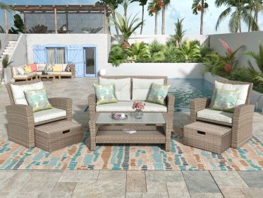 Patio Furniture Set;  4 Piece Outdoor Conversation Set All Weather Wicker Sectional Sofa with Ottoman and Cushions (Color: Beige)