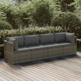 4 Piece Patio Lounge Set with Cushions Gray Poly Rattan (Color: Gray)