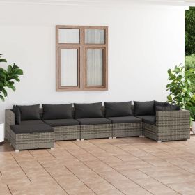 7 Piece Patio Lounge Set with Cushions Poly Rattan Gray (Color: Gray)