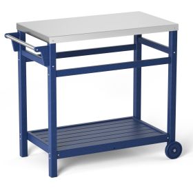 Outdoor Prep Cart Dining Table for Pizza Oven;  Patio Grilling Backyard BBQ Grill Cart (Color: Navy Blue)