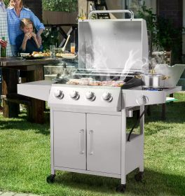 Giantex Propane Gas Grill 50,000 BTU, 4 Main Burners, 1 Side Burner, 2 Prep Tables, Stainless Steel Heavy-Duty BBQ Grill with 4 (Color: Standing)