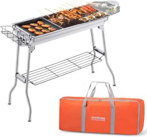 Portable Charcoal Grill,Outdoor BBQ Grill for Christmas Picnic, Thanksgiving Family Gathering and Backyard Barbecue,With Storage (Color: Bright Silver)