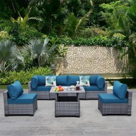 7 Pieces Wicker Patio Furniture Set PE Rattan Outdoor Conversation Sofa Set with Liftable Storage Table and Non-Slip Cushions (Color: Peacock Blue, size: With LiftabLe Table)