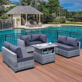 7 Pieces Wicker Patio Furniture Set PE Rattan Outdoor Conversation Sofa Set with Liftable Storage Table and Non-Slip Cushions (Color: Navy Blue, size: With LiftabLe Table)