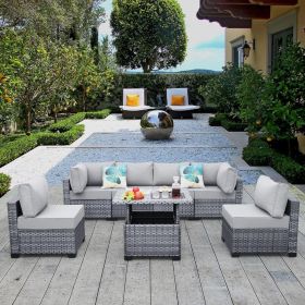 7 Pieces Wicker Patio Furniture Set PE Rattan Outdoor Conversation Sofa Set with Liftable Storage Table and Non-Slip Cushions (Color: Light Grey, size: With LiftabLe Table)