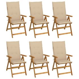 Folding Patio Chairs 6 pcs with Cushions Solid Acacia Wood (Color: Beige)