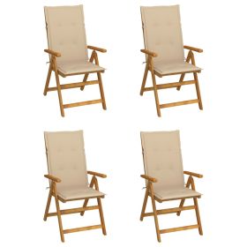 Patio Reclining Chairs 4 pcs with Cushions Solid Acacia Wood (Color: Beige)