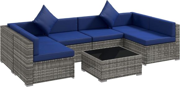 7 Piece Patio Furniture Set, Outdoor Wicker Set, All-Weather PE Rattan Sectional Sofa Set with Cushions and Tempered Glass Top (Color: Blue)