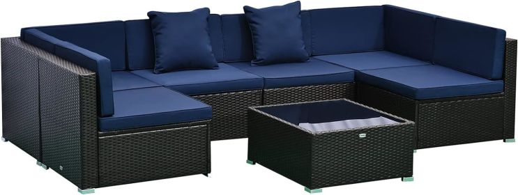 7 Piece Patio Furniture Set, Outdoor Wicker Set, All-Weather PE Rattan Sectional Sofa Set with Cushions and Tempered Glass Top (Color: Light Blue)