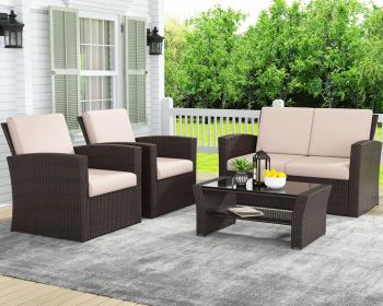 4 Piece Outdoor Patio Furniture Set, Wicker Conversation Set, Rattan Sofa Chair with Cushions for Backyard Lawn Garden (Color: Brown beige)