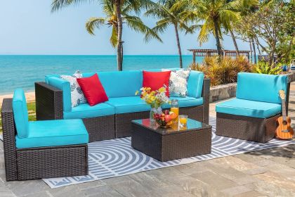 6 Piece Patio Furniture Set, PE Wicker Rattan Outdoor Modular Sofa with Glass Table, Cushions and Pillows for Garden, Backyard (Color: Blue-6 Pieces Set)