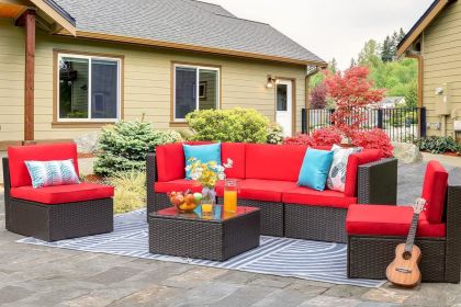 6 Piece Patio Furniture Set, PE Wicker Rattan Outdoor Modular Sofa with Glass Table, Cushions and Pillows for Garden, Backyard (Color: Red-6 Pieces Set)