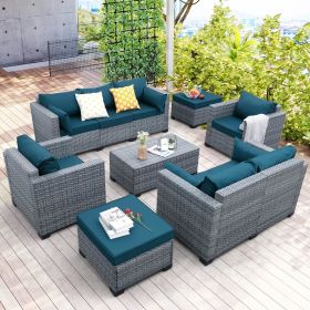 Patio Furniture Sets,7 Piece PE Rattan Sectional Sofa Couch with Storage Table and Non-Slip Cushions,Outdoor Conversation Set (Color: Peacock Blue)