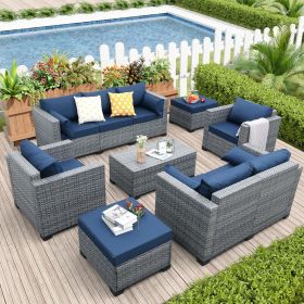 Patio Furniture Sets,7 Piece PE Rattan Sectional Sofa Couch with Storage Table and Non-Slip Cushions,Outdoor Conversation Set (Color: Navy Blue)