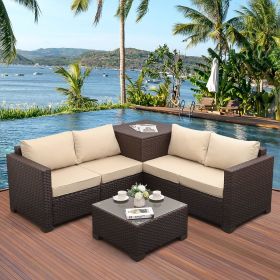 Patio PE Wicker Furniture Set 4 Pieces Outdoor Rattan Sectional Conversation Sofa Chair with Storage Box Table and Cushions (Color: Khaki, size: 4 Pieces)