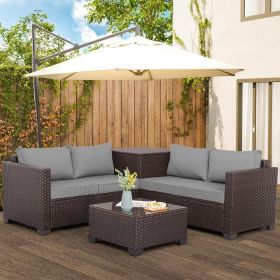 Patio PE Wicker Furniture Set 4 Pieces Outdoor Rattan Sectional Conversation Sofa Chair with Storage Box Table and Cushions (Color: Light Grey, size: 4 Pieces)