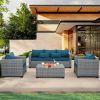 4 Piece Patio Furniture Set with Fire Pit Table and Cushions, PE Rattan Patio Furniture Set