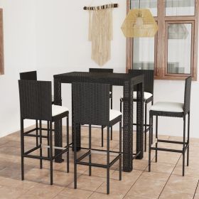 7 Piece Patio Bar Set with Cushions Poly Rattan Black (Color: Black)