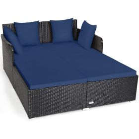 Tangkula Outdoor Rattan Daybed,Sunbed Wicker Furniture w/Spacious Seat,Upholstered Cushion&High-Resilience Sponge,Wicker Patio (Color: Navy Blue)