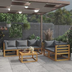 6 Piece Patio Lounge Set with Cushion Solid Acacia Wood (Color: Grey)