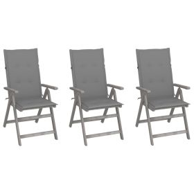 Patio Reclining Chairs 3 pcs with Cushions Solid Acacia Wood (Color: Grey)