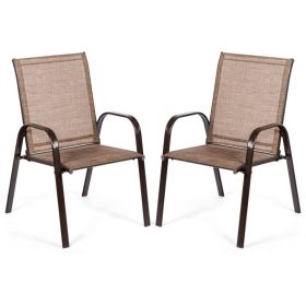 2 Pieces Patio Outdoor Dining Chair with Armrest (Color: Brown)