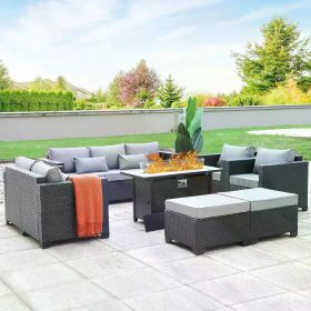 7 Piece Outdoor Furniture Set, Set Non-Slip Cushions & Waterproof Cover, 45 Inch Outdoor Propane Fire Pit Table Patio Sets (Color: Light Grey, size: Storage Table)