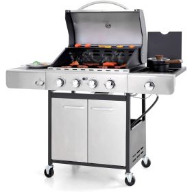 4-Burner Gas BBQ Grill Side Burner and Porcelain-Enameled Cast Iron Grates Stainless Steel Propane Grills Cabinet Barbecue Grill (Color: 4 Burner Grill)