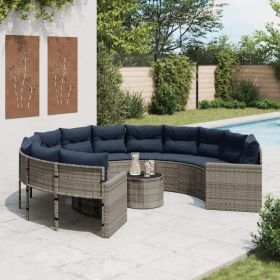 Patio Sofa with Table and Cushions Round Gray Poly Rattan (Color: Grey)