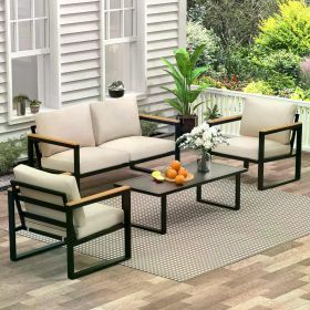 4 Piece Garden Patio Table Set, Metal Patio Conversation Sets with Washablee & Resiliency Sponge Cushion, Garden Furniture Set (Color: Beige)