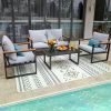 4 Piece Garden Patio Table Set, Metal Patio Conversation Sets with Washablee & Resiliency Sponge Cushion, Garden Furniture Set