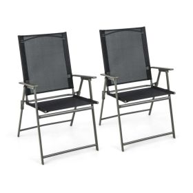 2 Pieces Patio Folding Chairs with Armrests for Deck Garden Yard (Color: Black & Gray)