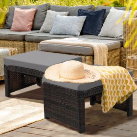 2 Pieces Patio Rattan Ottomans with Soft Cushion for Patio and Garden (Color: Gray)