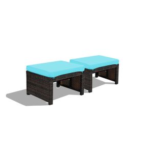 2 Pieces Patio Rattan Ottomans with Soft Cushion for Patio and Garden (Color: Turquoise)