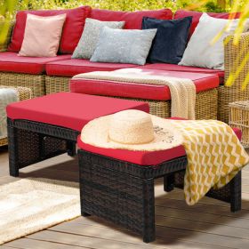 2 Pieces Patio Rattan Ottomans with Soft Cushion for Patio and Garden (Color: Red)