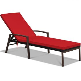 Outdoor Adjustable Reclining Patio Rattan Lounge Chair with Adjustable Backrest (Color: Red)